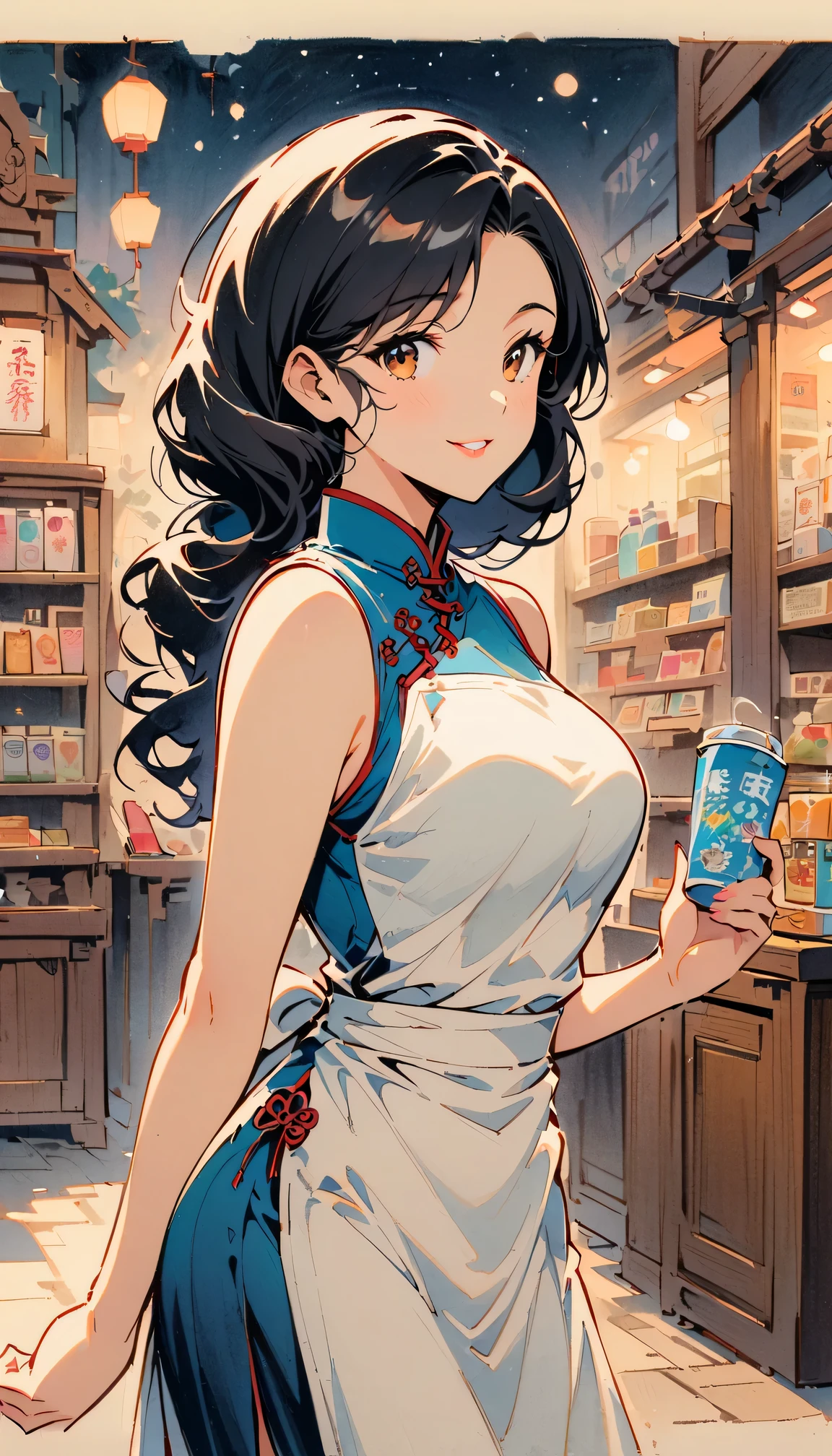 vintage movie, medium shot, depth of field, midnight，Female convenience store owner，black hair，brown eyes，delicate lips，put on apron，confident smile，Neat appearance，Chinese traditional spring clothing，floral pattern，Standing in a brightly lit convenience store，antique wooden furniture，Elaborately carved decoration，Chinese traditional elements，Instant noodles on the shelf,Refreshing drinks,Magazine,newspaper，Lottery rack，Clean Floor，Creative store decoration，Window stickers，shadow，traditional media，Street view at night，Outdoor Signs，moonlight sky，Defocused lights in the background create a warm and inviting atmosphere