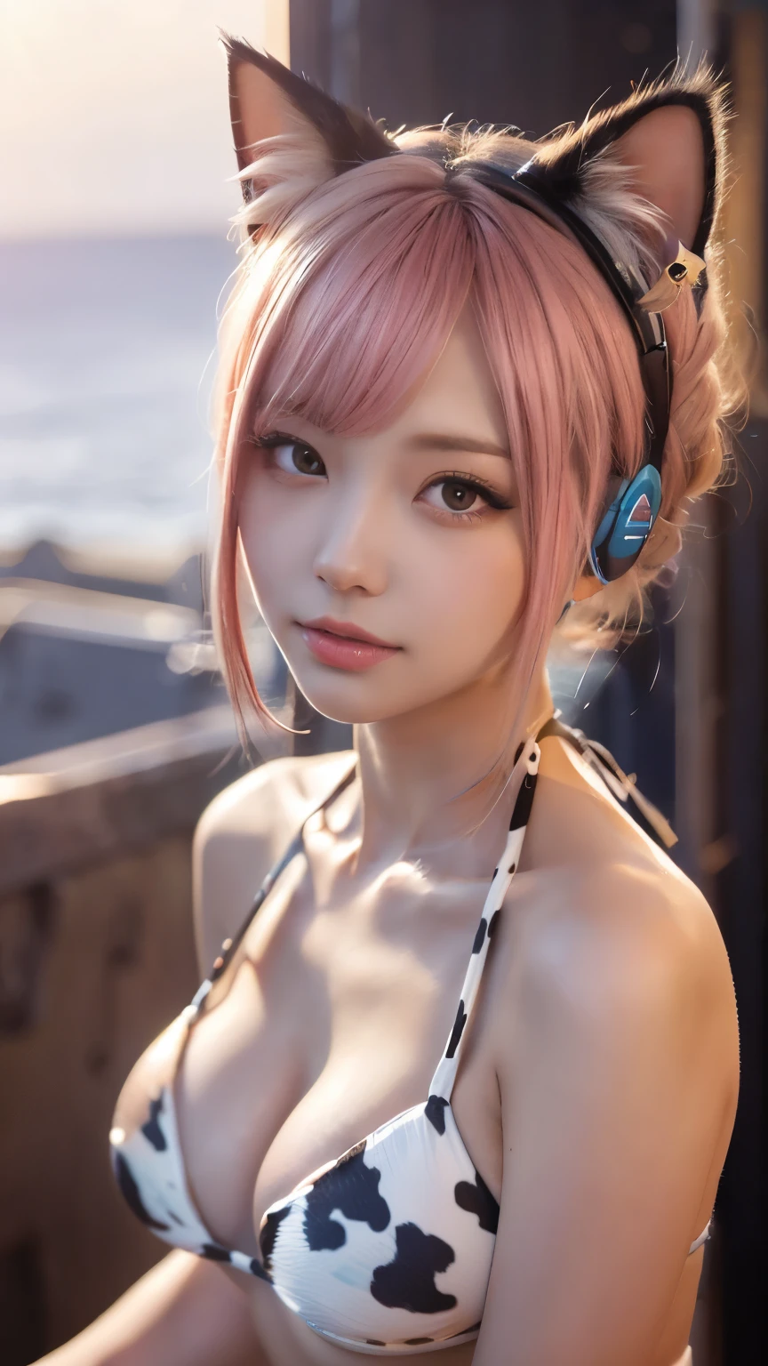 masterpiece, 4k, Bokeh, beautiful face, (multiple girls:1.4), Harem, group photo, (Cat ear:1.3), pink soft hair , looking at the viewer, (cow print bikini:1.2), Sunset Coast, close