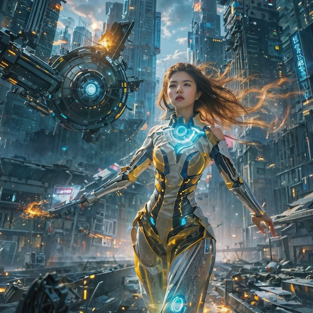 (highest quality、4k、8K、High resolution、masterpiece: 1.2)、Super detailed、(genuine、photogenuineistic、photogenuineistic: 1.37)、Destruction of a Great City、(A woman with telekinesis stands in front of a spaceship controlled by invaders:1.37) 、(Women are young and beautiful、18-year-old、unparalleled beauty:1.5)、Insert a mental barrier to resist robot attacks、Vibrant cityscape、bright colors、Shining skyscrapers、Busy Street、Futuristic architecture and technology、Advanced Holographic Displays、Neon light splashes 、dramatic lighting、intense shadow、The awe-inspiring power that women exude、determination in his eyes、Elegant flowing gown、Dynamic action in the wind、Stretch out your arms and lunge towards the robot.、Powerful energy is emitted from the hands.、blue shining aura、sparks of electricity、electricity crackling in the air、A whirlpool of energy surrounding women、A fascinating and surgenuine atmosphere、A sense of danger and impending doom、Background chaos and destruction、Crumbling Building、flying debris、Smoke and flames、 The contrast between beauty and destruction、The battle between technology and the extraordinary power of young women。