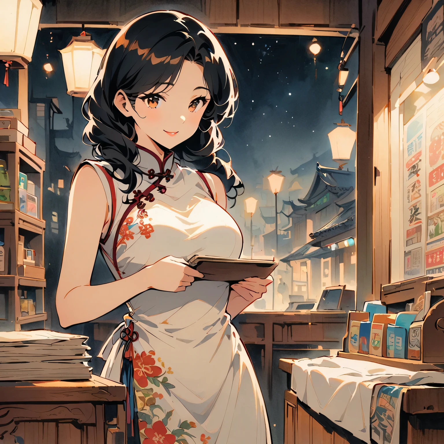 vintage movie, medium shot, depth of field, midnight，Female convenience store owner，black hair，brown eyes，delicate lips，put on apron，confident smile，Neat appearance，Chinese traditional spring clothing，floral pattern，Standing in a brightly lit convenience store，antique wooden furniture，Elaborately carved decoration，Chinese traditional elements，Instant noodles on the shelf,Refreshing drinks,Magazine,newspaper，Lottery rack，Clean Floor，Creative store decoration，Window stickers，shadow，traditional media，Street view at night，Outdoor Signs，moonlight sky，Defocused lights in the background create a warm and inviting atmosphere