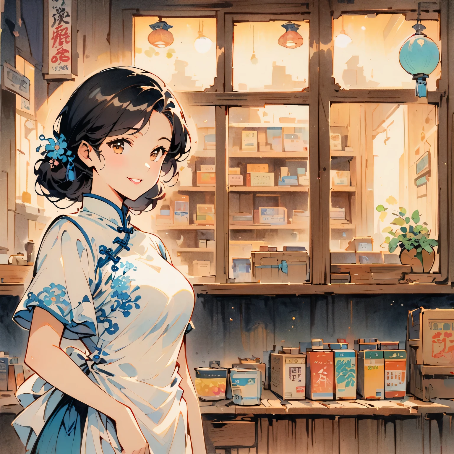 vintage movie, medium shot, depth of field, midnight，Female convenience store owner，black hair，brown eyes，delicate lips，put on apron，confident smile，Neat appearance，Chinese traditional spring clothing，floral pattern，Standing in a brightly lit convenience store，antique wooden furniture，Elaborately carved decoration，Chinese traditional elements，Instant noodles on the shelf,Refreshing drinks,Magazine,newspaper，Lottery rack，Clean Floor，Creative store decoration，Window stickers，shadow，traditional media，Street view at night，Outdoor Signs，moonlight sky，Defocused lights in the background create a warm and inviting atmosphere