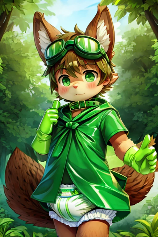 boy, furry, blown squirrel ears, animal ear fluff, bodyfur, blown squirrel tail, green goggles, green club budge, green neckerchief, green salior collar, green cloak, light green polo shirt, short sleeves, diaper, green rubber gloves, green wellington boots