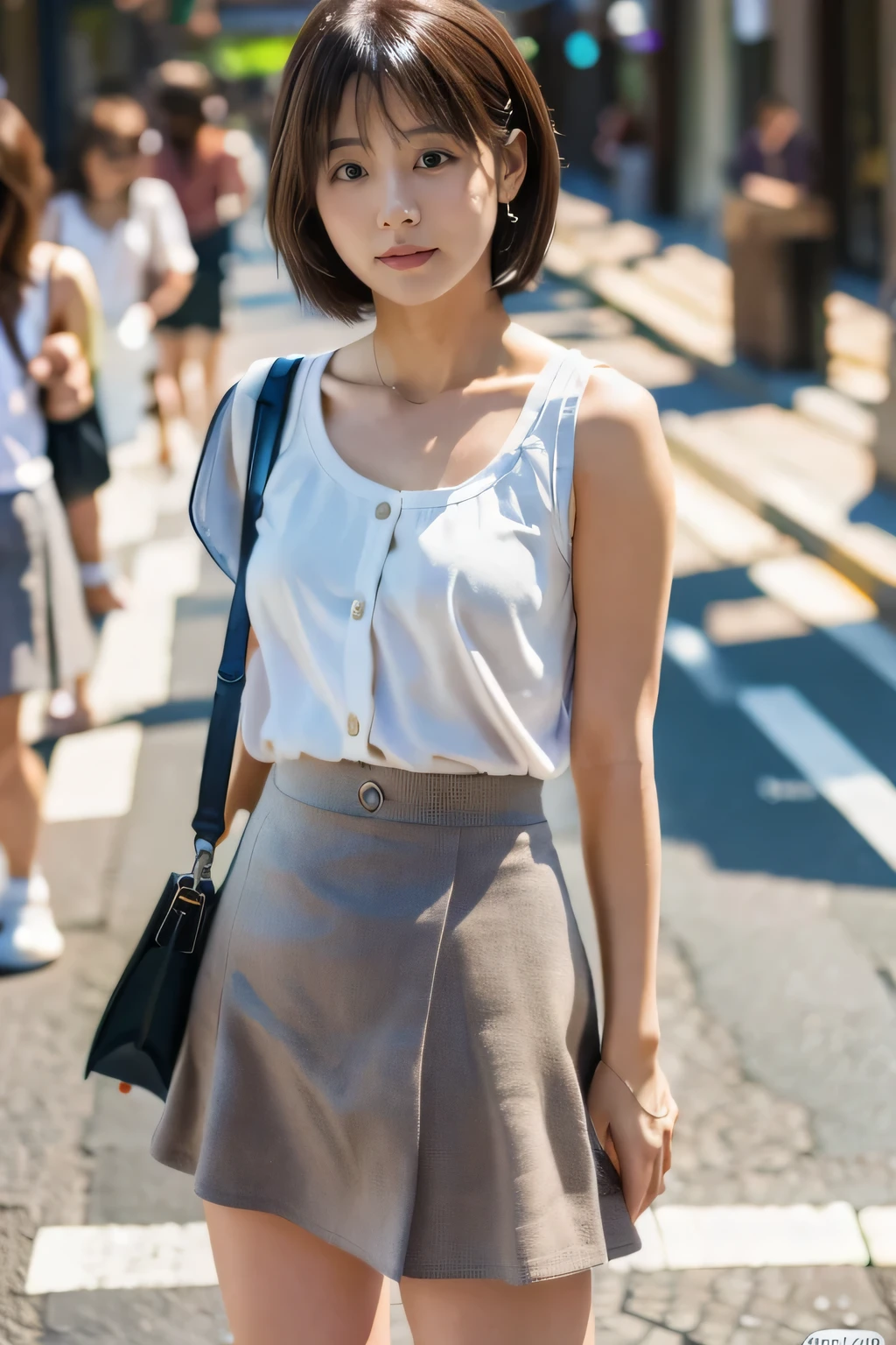 masterpiece, highest quality, Photoreal, Super detailed, finely, High resolution, 8k wallpaper, Professional, Advanced level of detail, ((One 20-year-old girl:1.2)), Slender Japanese women,cute lips, detailed clavicle, Medium chest、perfect face, (Cute short hair:1.5), chestnut hair、cute face、White Cardigan、(Grey Mini Flared Skirt:1.5)、black short boots、(Sexy poses in the shopping district:1.2)、Perfect Professional Potion、((A complete shot showing the whole body:1.5)、