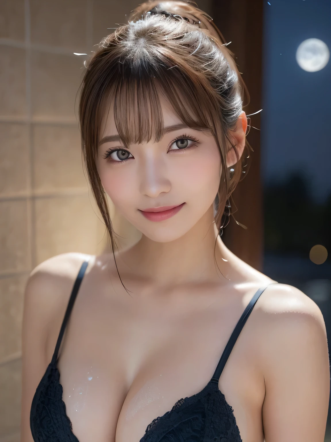 Beautiful woman，body portrait、8K，thin and beautiful eyes，Dindal effect、masterpiece, 最high quality, high quality, High resolution、very detailed photos、(natural skin texture、fine skin、hyper realism、Super sharpness)、high detail skin、(very detailed、fine skin texture、intricate details、beautiful face、(lifelike face)、realistic eyes、beautiful and detailed eyes、ponytail、real looking skin、beautiful skin、natural breast、big firm chest、G cup、glamorous、shiny skin、oily skin、skin shining with sweat、micro bikini wear,Take a shower in the bathroom、surreal、very detailed、golden ratio、with smiling eyes、((night moonlight background))、body portrait