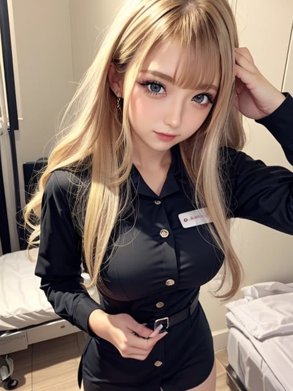 (生写真のような現実的なmasterpiece),((Photoreal)): 1.4, masterpiece, highest quality), ((15 year old beautiful girl)),((young face)),((Height: 154cm)),((F cup bust)) ,((kind eyes)),(((droopy eyes))),((long blonde hair)),(Highly detailed face and skin texture), ((black skin)),(((looking at the viewer))),nurse uniform,skin is visible,pink nipples,panties,pantiesの割れ目