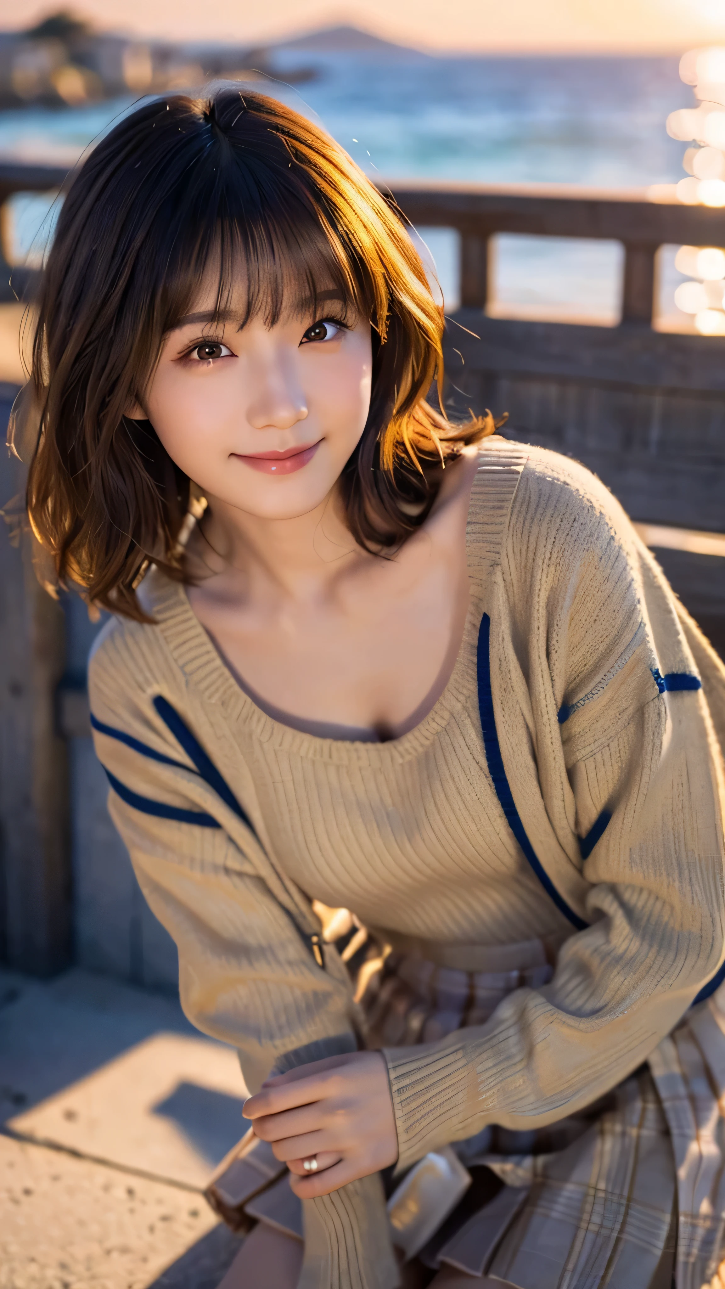 (highest quality,masterpiece:1.3,ultra high resolution),(Super detailed,caustics,8K),(realistic:1.4,RAW shooting),18-year-old,cute,Japanese,Short brown hair with outward curls,(Beige summer knitwear),(smile),look up at the camera、(short skirt),blue sky,sun,Backlight,(coastline),(sunset、sunset:1.1),,(Photographed from the waist up),(face focus),(close up face),(High Situation:1.3),(high angle:1.3),Natural light