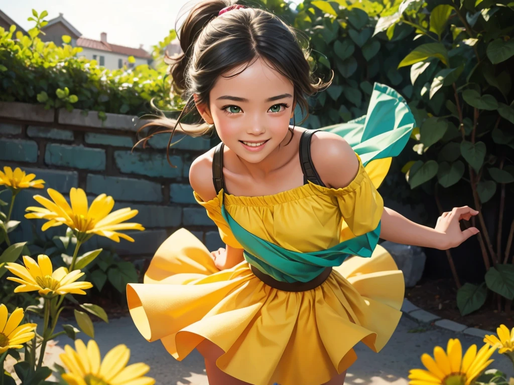 A girl playing with skirt flipping girls,illustration,mid-air flips,lively expressions,beautiful detailed eyes,bright smiles,playful poses,yellow and green garden,soft sunlight,crisp shadows,(best quality,4k,8k,highres,masterpiece:1.2),ultra-detailed,realistic:1.37,HDR,UHD,studio lighting,vivid colors,portraits,cheerful and vibrant color palette,bokeh.