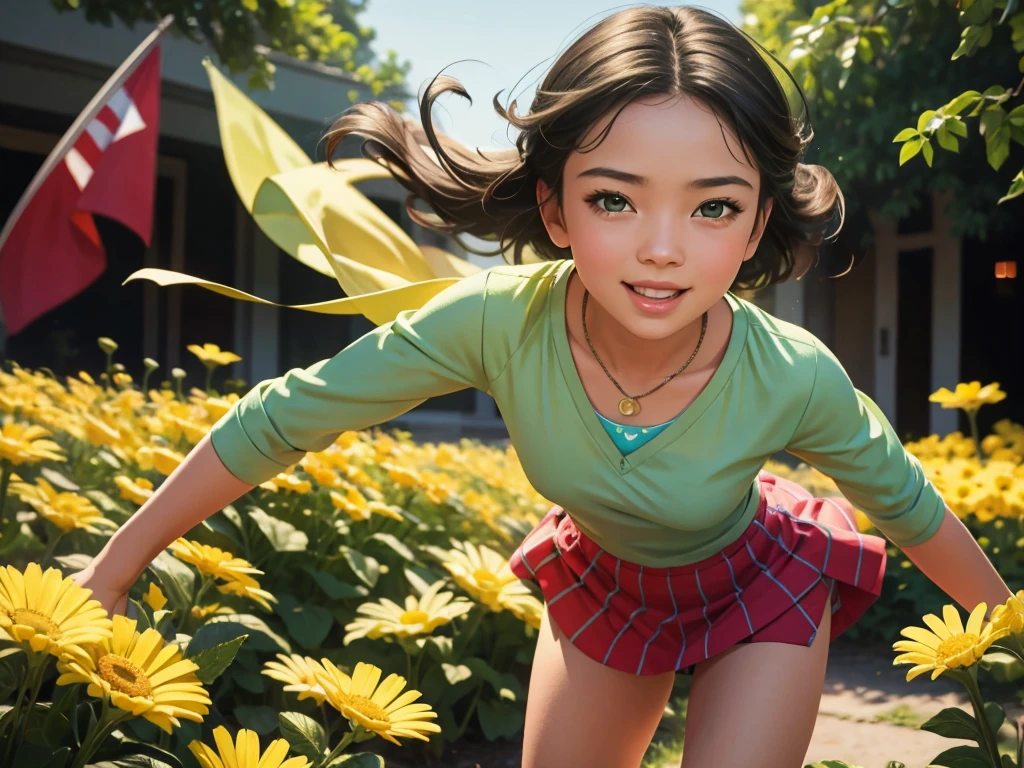 A girl playing with skirt flipping girls,illustration,mid-air flips,lively expressions,beautiful detailed eyes,bright smiles,playful poses,yellow and green garden,soft sunlight,crisp shadows,(best quality,4k,8k,highres,masterpiece:1.2),ultra-detailed,realistic:1.37,HDR,UHD,studio lighting,vivid colors,portraits,cheerful and vibrant color palette,bokeh.