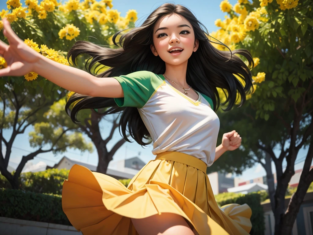 A girl playing with skirt flipping girls,illustration,mid-air flips,lively expressions,beautiful detailed eyes,bright smiles,playful poses,yellow and green garden,soft sunlight,crisp shadows,(best quality,4k,8k,highres,masterpiece:1.2),ultra-detailed,realistic:1.37,HDR,UHD,studio lighting,vivid colors,portraits,cheerful and vibrant color palette,bokeh.