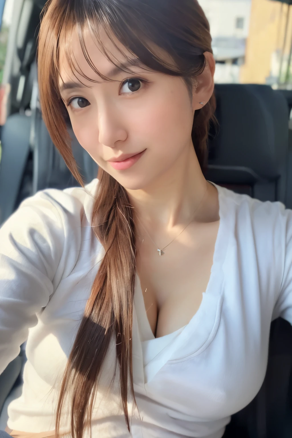 (8K, RAW photo, high quality, High resolution:1.1), Skinny Japanese woman, 30 years old, small breasts, very thin waist, (hyperrealistic:1.4), (realistic, photorealistic:1.3), soft light, realistic face, small face, cute face, realistic body, realistic skin, disorganized, masterpiece, (cute:1.8), (leaning forward:1.8), (From above:1.2), (close:1.4), (crawl on all fours), (white loose t-shirt:1.2), (Beautiful breasts:0.9), (long hair, ponytail), ((cleavage)), fine black eyes, innocent eyes, droopy eyes, Watery eyes, open lips, blush, good style, cinema light, film Grain, look viewer, full Body, Depth of field, blurred background, Eye focus, young, 85mm lens, f/1.4, professional lighting, portrait, photon mapping, radio city, Physically based rendering, Transparency, Day book girl, Day, Sunny, outdoor