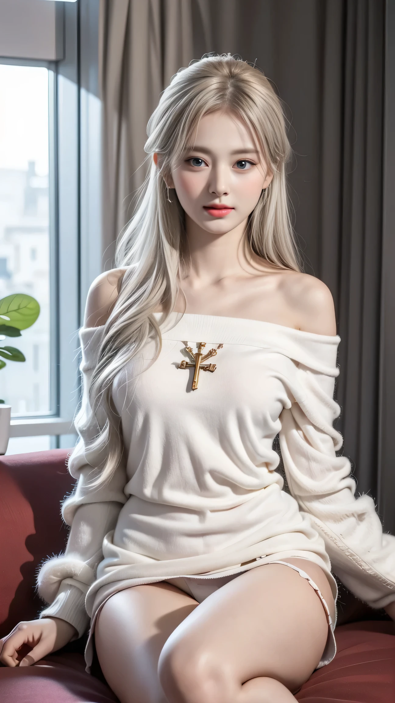 top quality work,actual work,Ultra Premium Graphics,8K HD CG works,High quality graphics,High-definition CG works,10x pixels,super fine details:1.1,Advanced technical details:1.1 Photorealistic,Indoor Lighting Effects:1.5,Natural light:1.5. light effect(virtual light effect:1.8),超A high resolution,shiny red dress,長いsilver hair,silver hair,transparent hair,high detail hair(premium hair detail:1.1)clear eyes,beautiful double eyelids,sharp eye makeup, delicate eyelash makeup, thin eyebrows, highly detailed eyes,high nose, nice red lips, rose cheeks, A face with delicate makeup , cute face, perfectly proportioned face,(Advanced facial details:1.1),shiny、girl ,bright red series,((A semi-transparent white floral off-the-shoulder dress)),Photo shoot in front of a mirror,woman'artwork of,full body figure,realism,wonderful,My eyes are shining today(smile),((sitting cross-legged)),((white panties are visible))