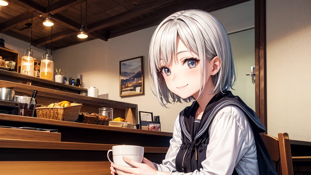 (original photo, best quality), (1 woman with silver short hair), Chizuru Techibana, natural lighting, Upper body, cafes, Smile, Satosh Khan Art Style