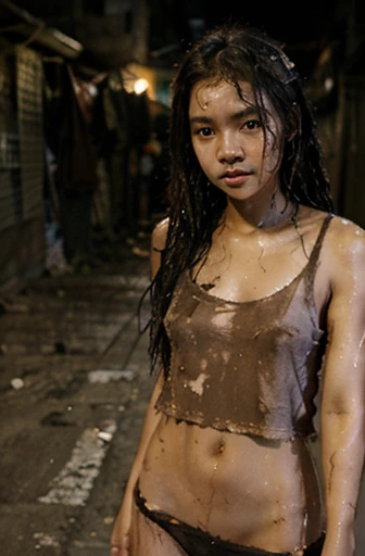 a 14 year old Thai girl,Beautiful, charming, ????????????, dusty face, messy hair., she was wet, wearing a torn and very dirty T-shirt.,  Not wearing ?????????, showing her ?????, Standing in a dirty alley at night.