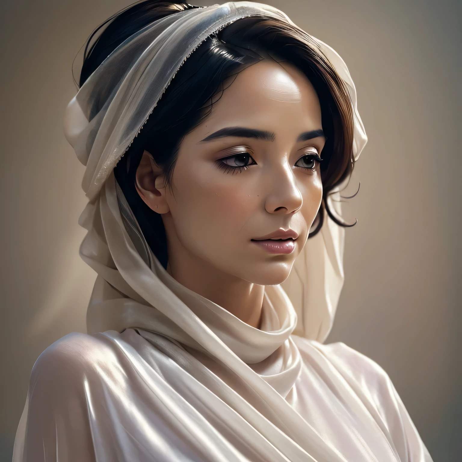 (a beautiful woman in the silk sack, mummified),oil painting,delicate brushstrokes,a serene expression,graceful posture,light streaming through the fabric,ethereal atmosphere,detailed folds and textures,subtle color palette,subdued lighting,high contrast,photorealistic,soft focus,hauntingly beautiful,finely crafted features,elegant and mysterious,surreal backdrop,impeccable attention to detail,lifelike eyes and lips,fine lines and wrinkles,meticulous composition,elegantly draped fabric,silk threads shining,underlying sense of peace and tranquility,dreamlike quality,subtle hints of decay,submerged in calmness,vivid portrayal of emotion,Ancient Egyptian inspiration,masterpiece:1.2,emotional depth,ethereal beauty