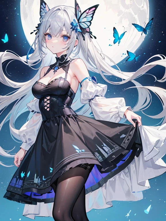 (((Gray hair with blue in the middle)))(((medium hair))),Upper body,Black shoulder-baring dress,The skirt has a butterfly and moon pattern.,The hair ornament is a moon hair ornament.,Black pumps,The pumps have butterflies on the back