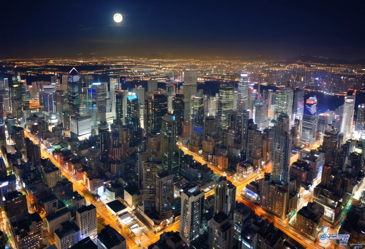 Night view of the city with a full moon shining in the sky, Tilt-shift photography by Ernie Swekel, Flicker, art pictures, night photography, Night Photographyy, aerial photograph, night shot, Photographed at night with studio lights, night photo撮影, Night Photography, panoramic photo, night photo, lit from above, Watermarked, bird's eye view