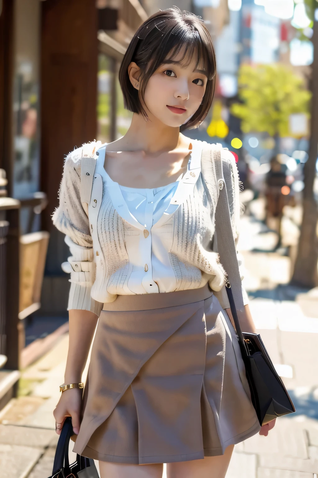 masterpiece, highest quality, Photoreal, Super detailed, finely, High resolution, 8k wallpaper, Professional, Advanced level of detail, ((One 20-year-old girl:1.2)), Slender Japanese women,cute lips, detailed clavicle, Medium chest、perfect face, (Cute short hair:1.5), chestnut hair、cute face、White Cardigan、(Grey Mini Flared Skirt:1.5)、black short boots、(Sexy poses in the shopping district:1.2)、Perfect Professional Potion、A complete shot showing the whole body、