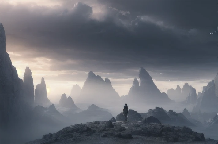 Illustration of a hyperrealistic , otherworldly, ultrasky scene featuring a walking rock giant alone wondering around the collosal pillars,very detailed and foggy lighting, intricate mountains, giant dusty pillars around, solarpunk ,landscape, giant pillars, foggy abyssal with atmospheric lighting and realistic proportions, as if it were a cinematic background, 8k, highest quality, masterpiece, gray clouds and barely visible sun in the sky.
