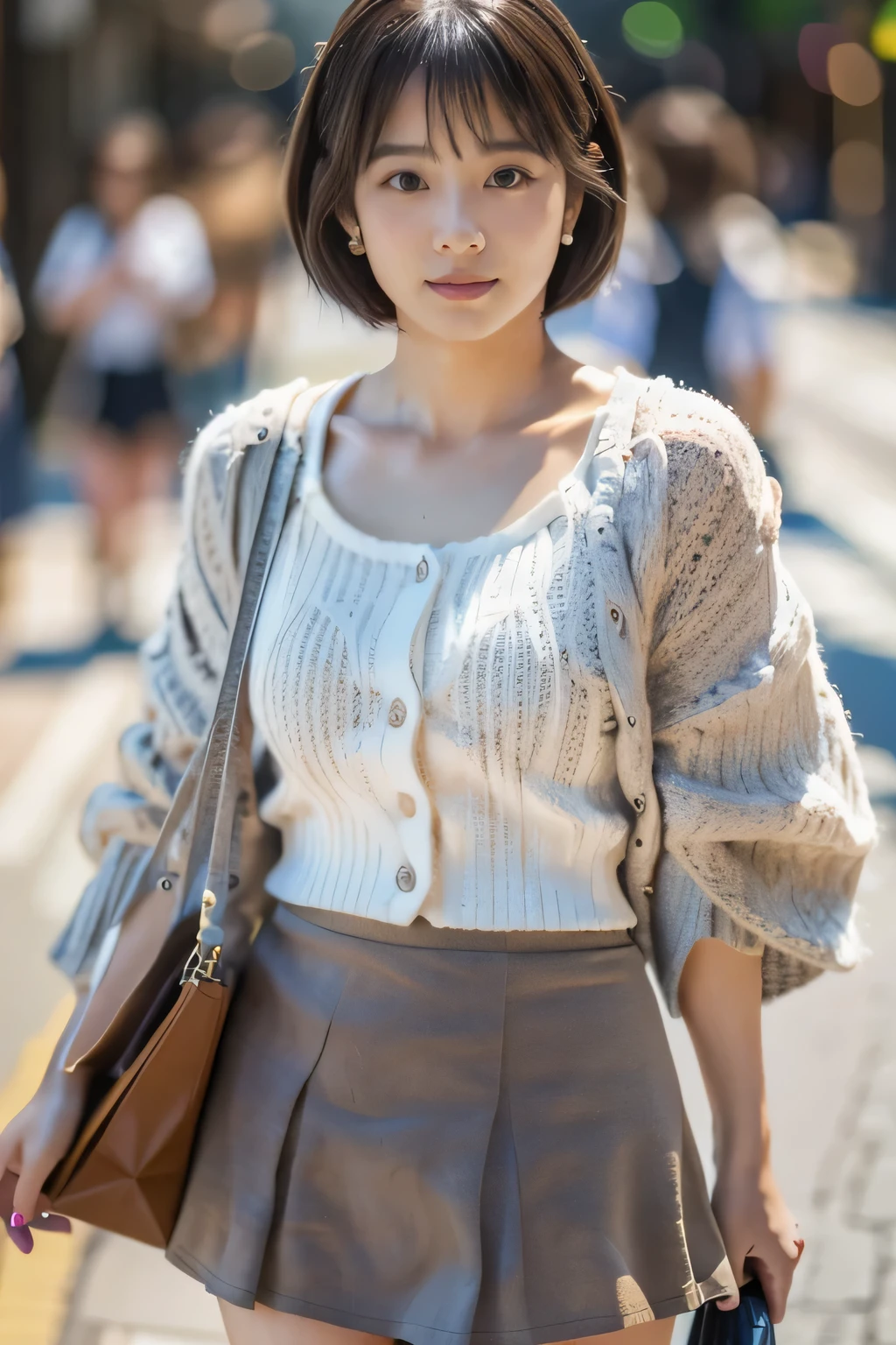 masterpiece, highest quality, Photoreal, Super detailed, finely, High resolution, 8k wallpaper, Professional, Advanced level of detail, ((One 20-year-old girl:1.2)), Slender Japanese women,cute lips, detailed clavicle, Medium chest、perfect face, (Cute short hair:1.5), chestnut hair、cute face、White Cardigan、(Grey Mini Flared Skirt:1.5)、black short boots、(Sexy poses in the shopping district:1.2)、Perfect Professional Potion、((Complete head-to-toe coverage:1.5)、