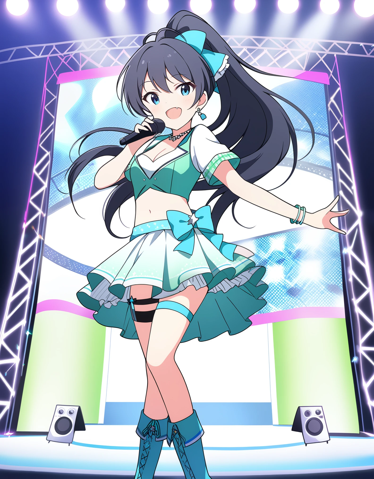 score_9, score_8_up, score_7_up, source_anime,
1girl, solo,nsfw, idol concert, dancing on stage, cheerful, smile, open mouth, look at viewer, stage lights, large television, pillar,
 gnhhbk, very long hair, black hair, ponytail, antenna hair, bangs, hair ribbon, blue eyes, medium breasts, fang, 
idol clothes, green dress, short sleeves, cleavage, midriff, navel, miniskirt, thigh strap, boots,
necklace, bracelet, earrings,