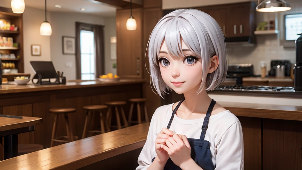 (original photo, best quality), (1 woman with silver short hair), Chizuru Techibana, natural lighting, Upper body, cafes, Smile, Satosh Khan Art Style