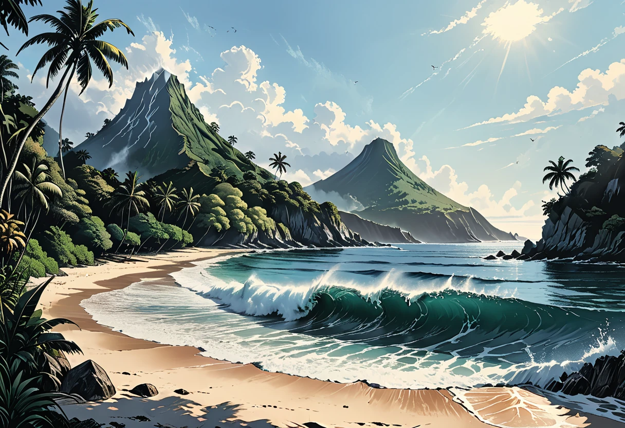 A tropical beach, ocean and big waves where the outline of a surfer is slightly visible, the seething water catches up and throws him up, a dormant volcano and a tropical forest can be seen in the background, graphic style of novel comics, perfect hands, 2d,
8k, hyperrealism, masterpiece, high resolution, best quality, ultra-detailed, super realistic, Hyperrealistic art, high-quality, ultra high res, highest detailed, lot of details, Extremely high-resolution details, incredibly lifelike, colourful, soft cinematic light,