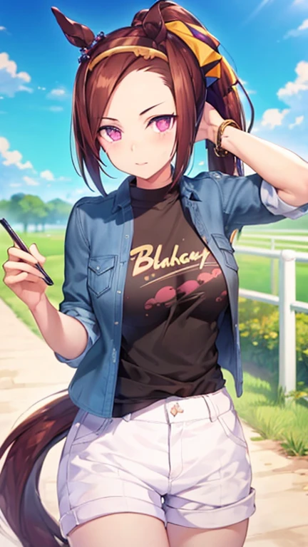 highest quality,masterpiece,High resolution,CG 8k ,super detailed images,pretty girl,one person,Sakura Bakushin Oh,ponytail,horse ears,horse tail,cowboy shot,white shorts,black t-shirt,Denim Jacket,