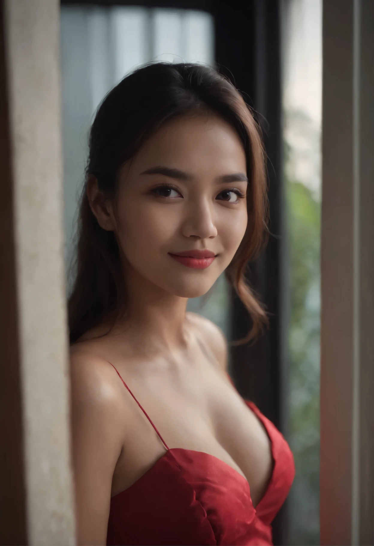 Hyperrealist real face malay women standing at window look outside dark background wearing red dress smile silhouette low light horror mode big breast topless naked