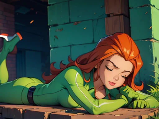 (masterpiece, best quality), sam \(totally spies\), orange hair, long hair, green eyes, green body suit, ((injured)), hurt, eyes closed, laying down on her belly and face at dirty and empty alley, ((unconscious))