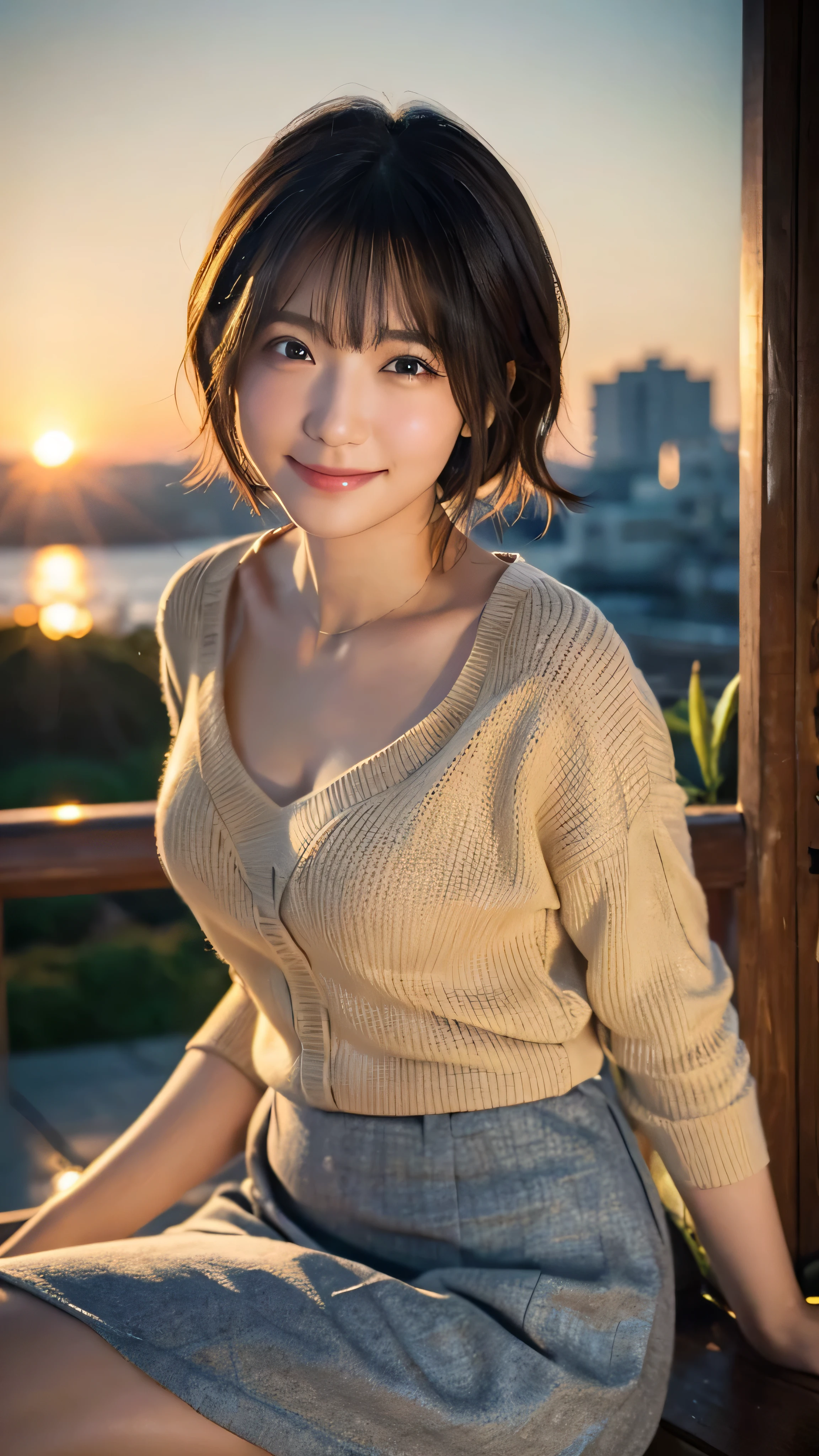 (highest quality,masterpiece:1.3,ultra high resolution),(Super detailed,caustics,8K),(realistic:1.4,RAW shooting),18-year-old,cute,Japanese,Short brown hair with outward curls,(Beige summer knitwear),(smile),look up at the camera、(Short brown skirt),blue sky,sun,Backlight,(coastline),(sunset、sunset:1.1),,(Photographed from the waist up),(face focus),(close up face),(High Situation:1.3),(high angle:1.3),Natural light 、Embarrassed smile、