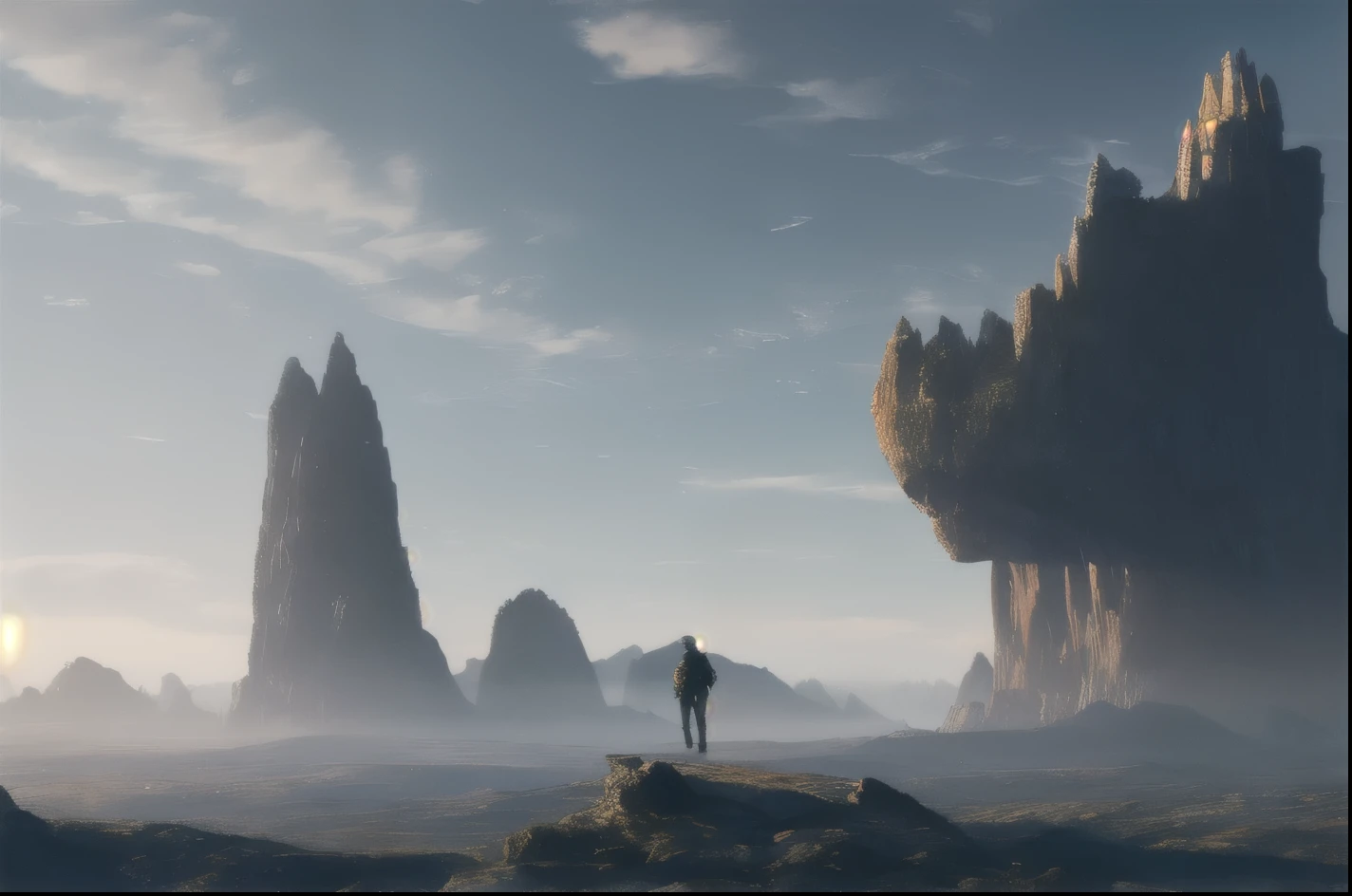 Illustration of a hyperrealistic , otherworldly, ultrasky scene featuring a walking rock giant alone wondering around the collosal pillars,very detailed and foggy lighting, intricate mountains, giant dusty pillars around, solarpunk ,landscape, giant pillars, foggy abyssal with atmospheric lighting and realistic proportions, as if it were a cinematic background, 8k, highest quality, masterpiece, gray clouds and barely visible sun in the sky.