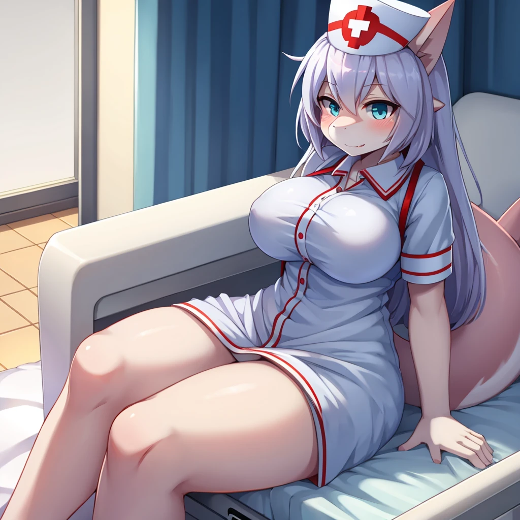 shark girl,furry,Cute Moe,big breasts,good quality,Good resolution,Nurse uniform,Good shadow detail,shade,The face of lust,sitting on a hospital bed