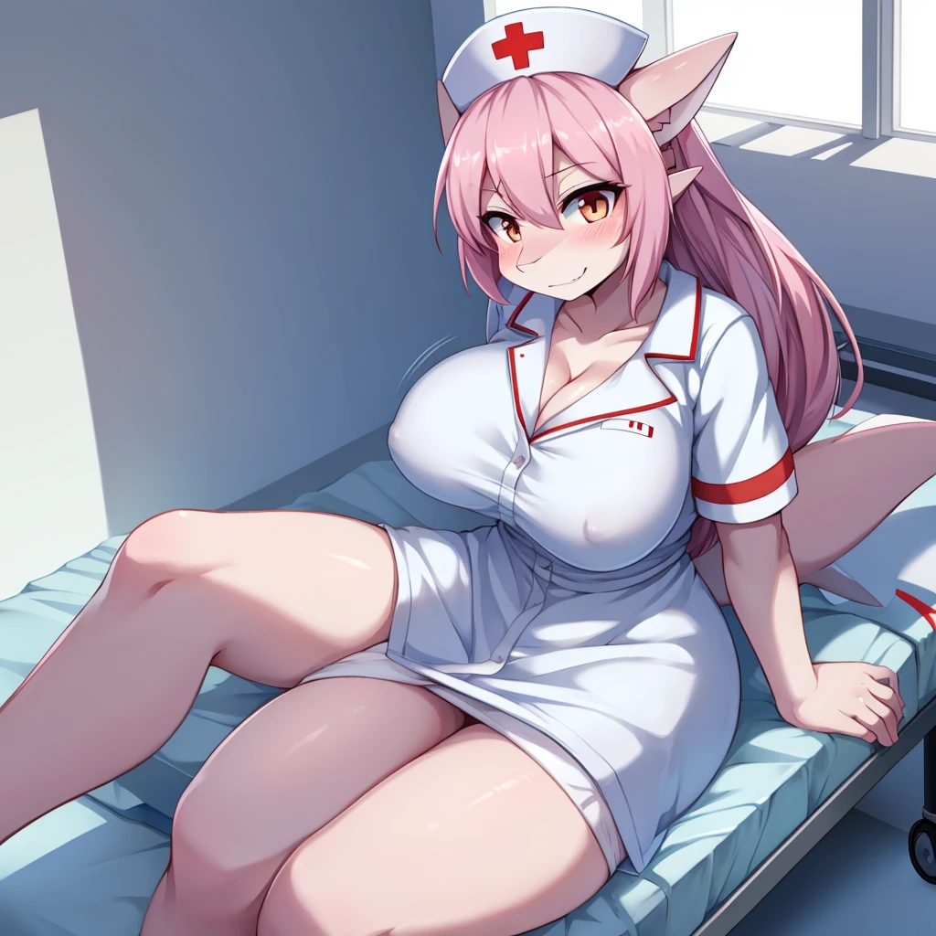 shark girl,furry,Cute Moe,big breasts,good quality,Good resolution,Nurse uniform,Good shadow detail,shade,The face of lust,sitting on a hospital bed