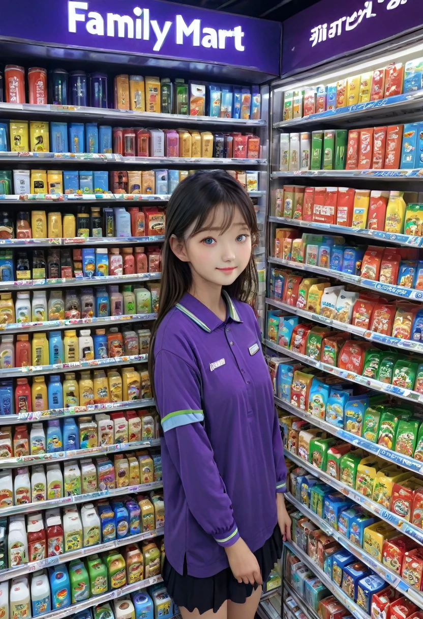 1girl, midnight convenience store, Family Mart, Neon Night page,vibrant city lights, dimly lit shelves full of snacks and drinks, a cashier with tired eyes, fluorescent lighting casting a soft glow, late-night customers browsing the aisles, flickering neon signs outside the store, a sense of mystery and solitude, a hazy atmosphere with a touch of nostalgia, cinematic and atmospheric, high-res details capturing the smallest nuances, a combination of realism and dream-like quality, urban aesthetic blending with a hint of surrealism, cool blue and purple tones, soft shadows and subtle highlights, an ambiance that evokes a sense of tranquility and possibility in the midst of the night.