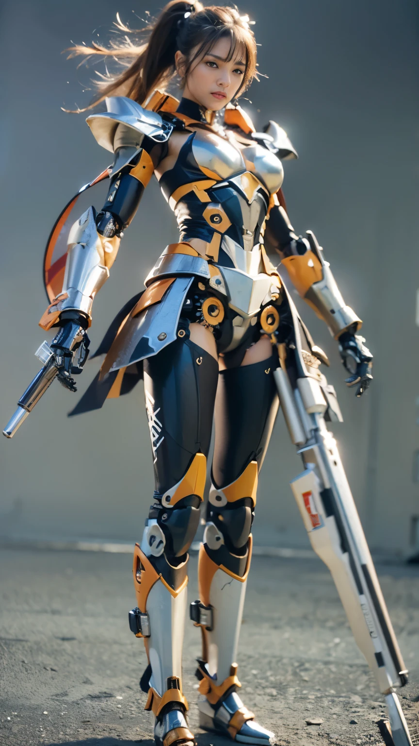 (masterpiece, best quality:1.2), (8k uhd, 16k, 32k, ultra high res), (photorealistic:1.37), (RAW photo), ultimate-realistic, ultimate-realistic details, ultimate-realistic texture, ultimate-intricate details, ultimate-realistic lighting, ultimate-realistic shadow, japanese girl, ultimate-cute face, ultimate-RAW skin, ultimate-realistic eyes, (mechanical:1.4), (armor), full body, wide shot, fighting pose