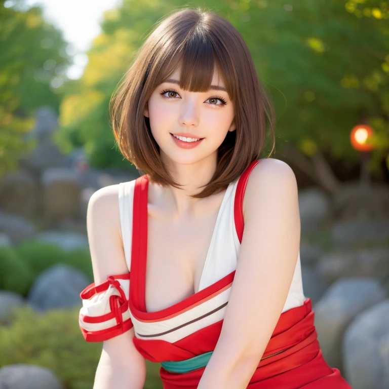 brown hair,delicate hair,realistic body,white skin,glowing skin,(short hair:1.2),(bangs: 1.2),cute face,lifelike face,delicate body,look at the camera,stunning lighting,Woman in red jersey,Sunlit Background,Bright colors,bangs,double eyelid,smile,beautiful lips,toned legs,(slender girl),(japanese girl),(japan faces),beautiful posture
