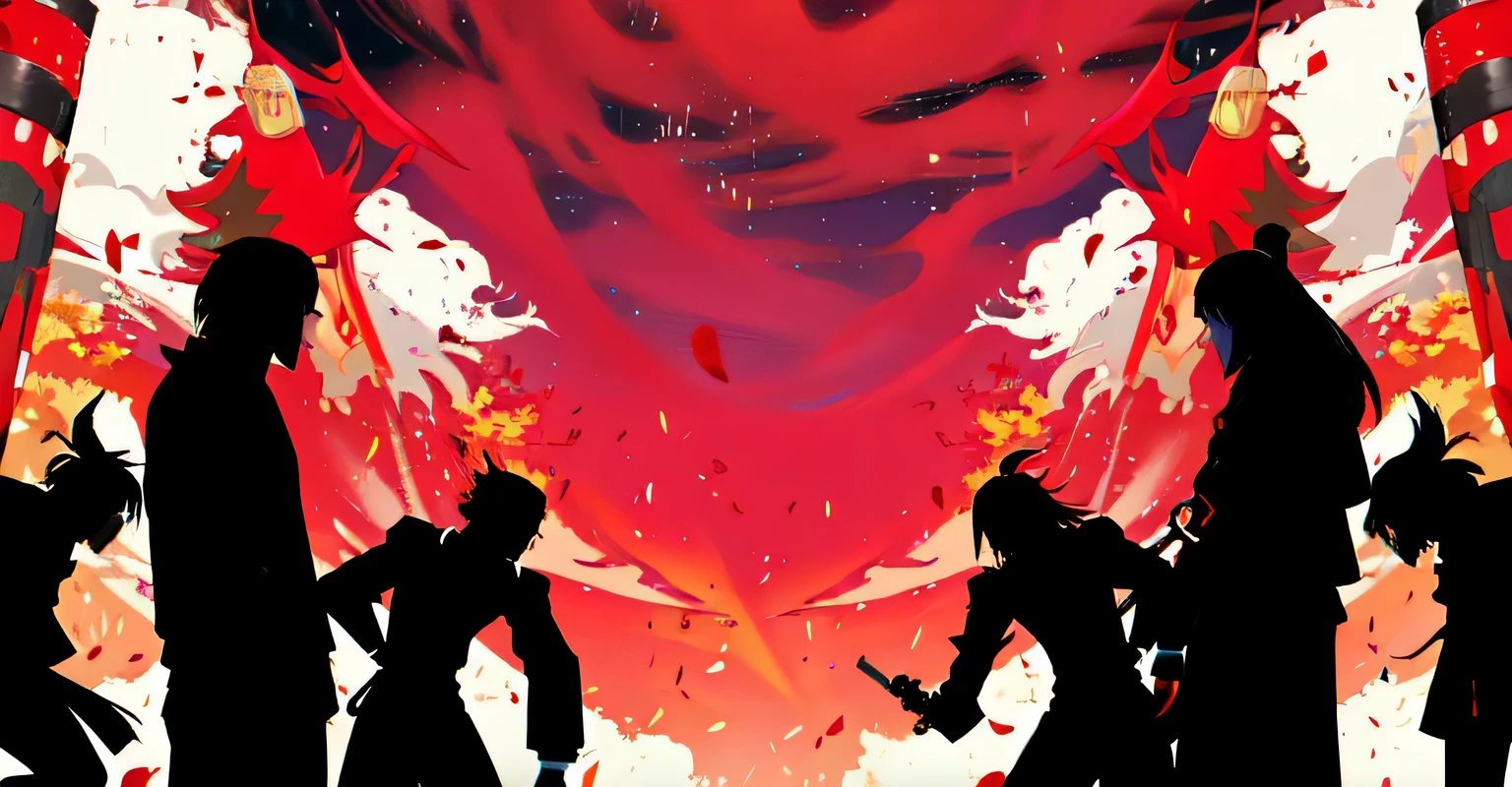 there are many people walking in a line with a red background, Tian Yuan's breakthrough style (2007), video static, samurai duel, Elf - Elf, Animation movie stills, background: battle scene, Kill la kill illustration, Ninja scroll anime style, Screenshots from animated movies, No more heroes concept art, Confrontation in duel, fierce battle