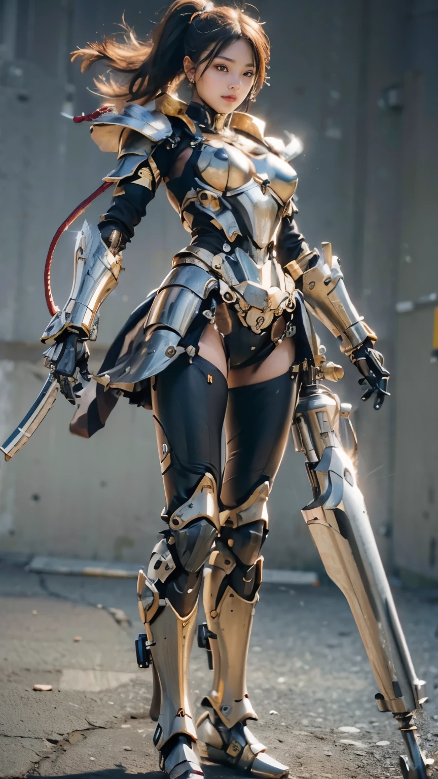 (masterpiece, best quality:1.2), (8k uhd, 16k, 32k, ultra high res), (photorealistic:1.37), (RAW photo), ultimate-realistic, ultimate-realistic details, ultimate-realistic texture, ultimate-intricate details, ultimate-realistic lighting, ultimate-realistic shadow, japanese girl, ultimate-cute face, ultimate-RAW skin, ultimate-realistic eyes, (mechanical:1.4), (armor), full body, wide shot, fighting pose
