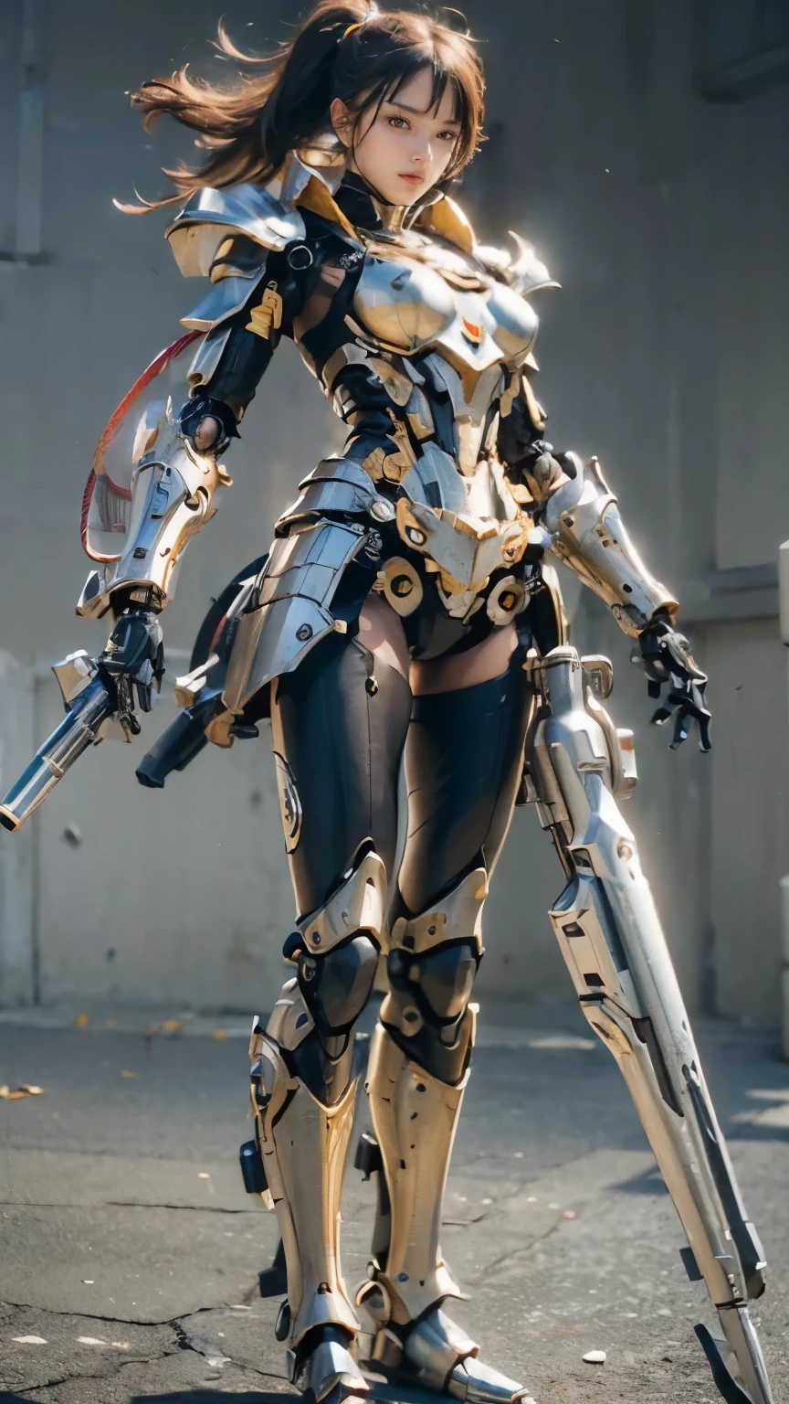 (masterpiece, best quality:1.2), (8k uhd, 16k, 32k, ultra high res), (photorealistic:1.37), (RAW photo), ultimate-realistic, ultimate-realistic details, ultimate-realistic texture, ultimate-intricate details, ultimate-realistic lighting, ultimate-realistic shadow, japanese girl, ultimate-cute face, ultimate-RAW skin, ultimate-realistic eyes, (mechanical:1.4), (armor), full body, wide shot, fighting pose