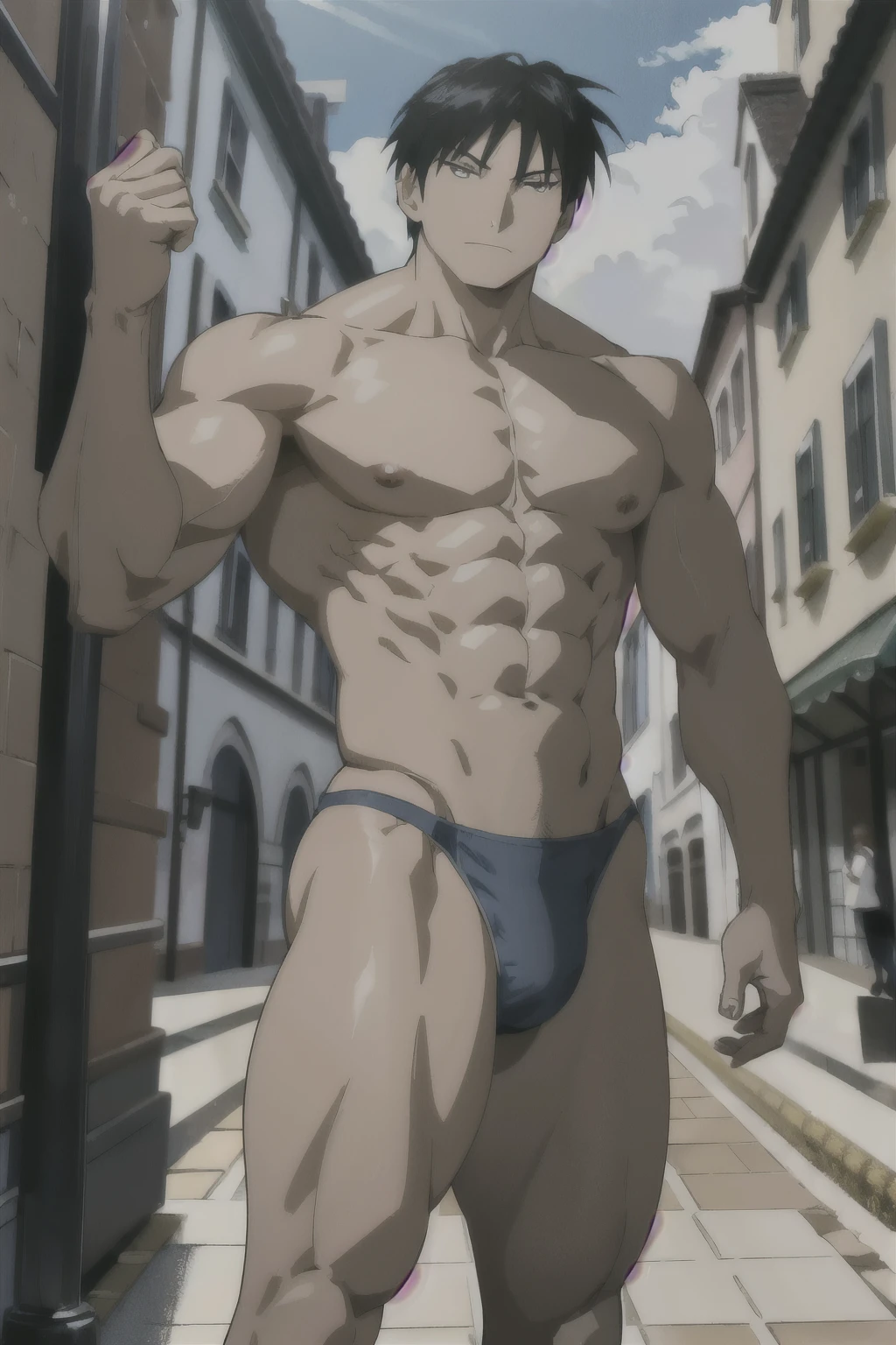 Roy Mustang from Full Metal Alchemist, wearing swimsuit, bodybuilder, defined body, posing, shirtless, abs, big legs