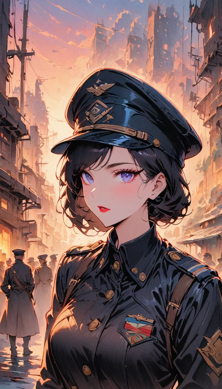 vintage movie, medium shot, depth of field, Fair ((Similar)) Wrightville poses (dynamic poses) As a dieselpunk officer during World War II, black leather，split，Wearing leather military cap, traditional media, best quality, high quality, (Detailed face and eyes), Dusk lighting,, Heavy makeup, industrial, outdoor snow forest background ((close up))