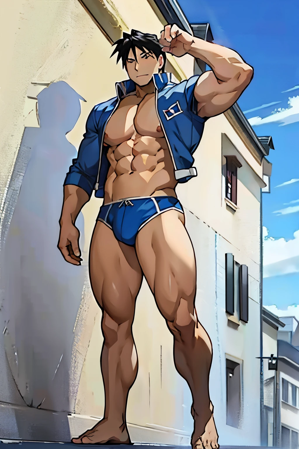 Roy Mustang from Full Metal Alchemist, wearing swimsuit, bodybuilder, defined body, posing, shirtless, abs, big legs