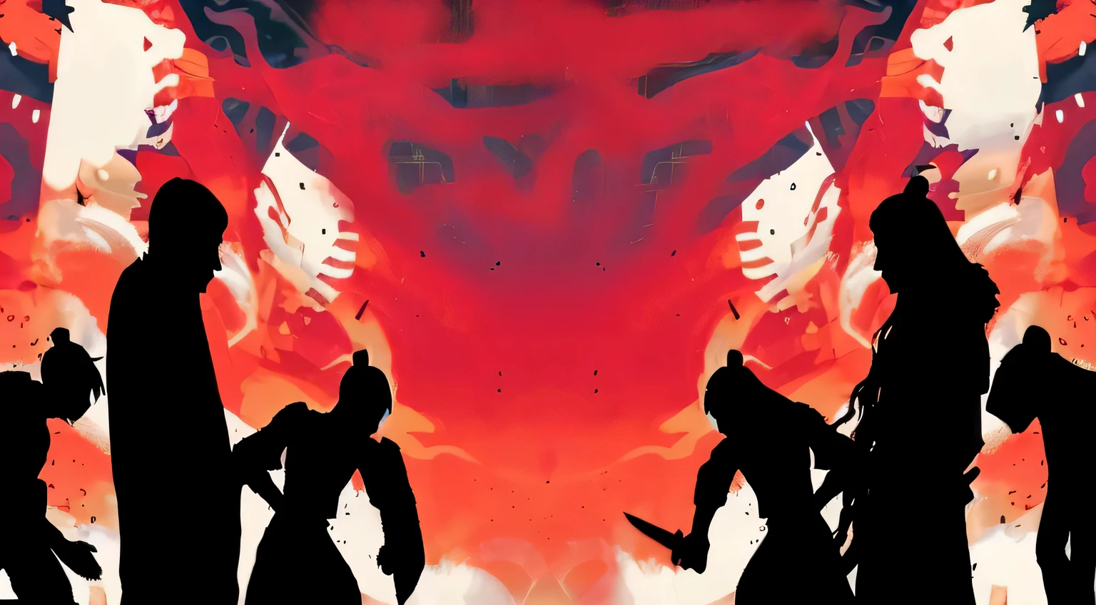 there are many people walking in a line with a red background, Tian Yuan's breakthrough style (2007), video static, samurai duel, Elf - Elf, Animation movie stills, background: battle scene, Kill la kill illustration, Ninja scroll anime style, Screenshots from animated movies, No more heroes concept art, Confrontation in duel, fierce battle