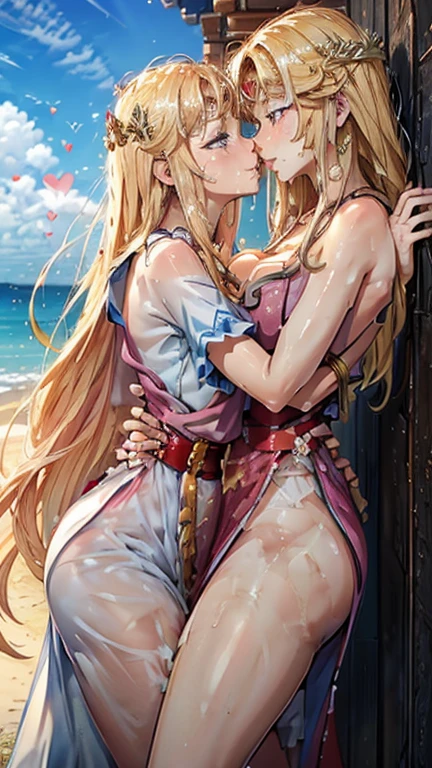 2 women, blonde very long hair, red eyes, wearing a sexy pink dress, side slit, ultrasharp, looking at the viewer, ((best quality)), ((masterpiece)), (detailed), perfect face, big breast, sexy body, sexy woman on top of her, hugged, An anime scene of two girls hugging and kissing intensely, with hearts and sparkles floating around them as they lie down on beach