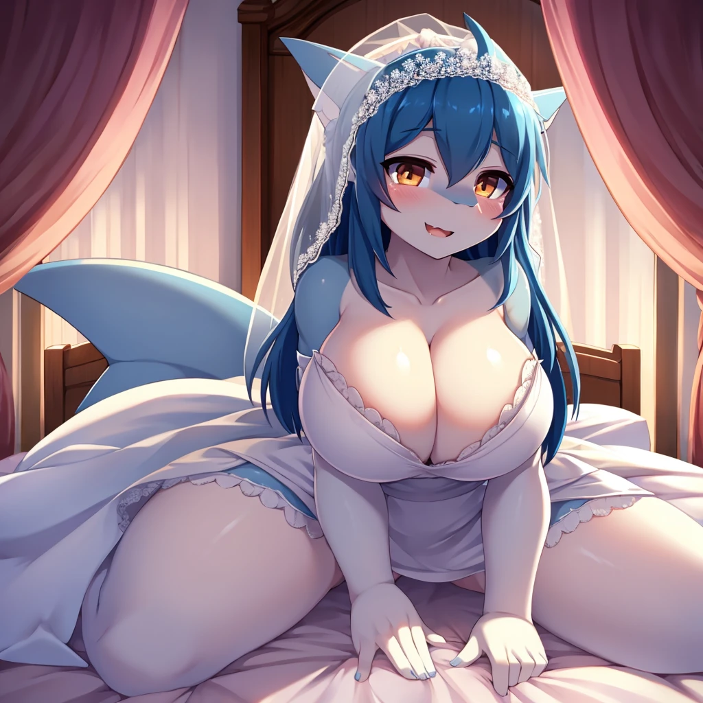 shark girl,furry,Cute Moe,big breasts,good quality,Good resolution,put on a wedding dress,Good shadow detail,shade,The face of lust,on the bed