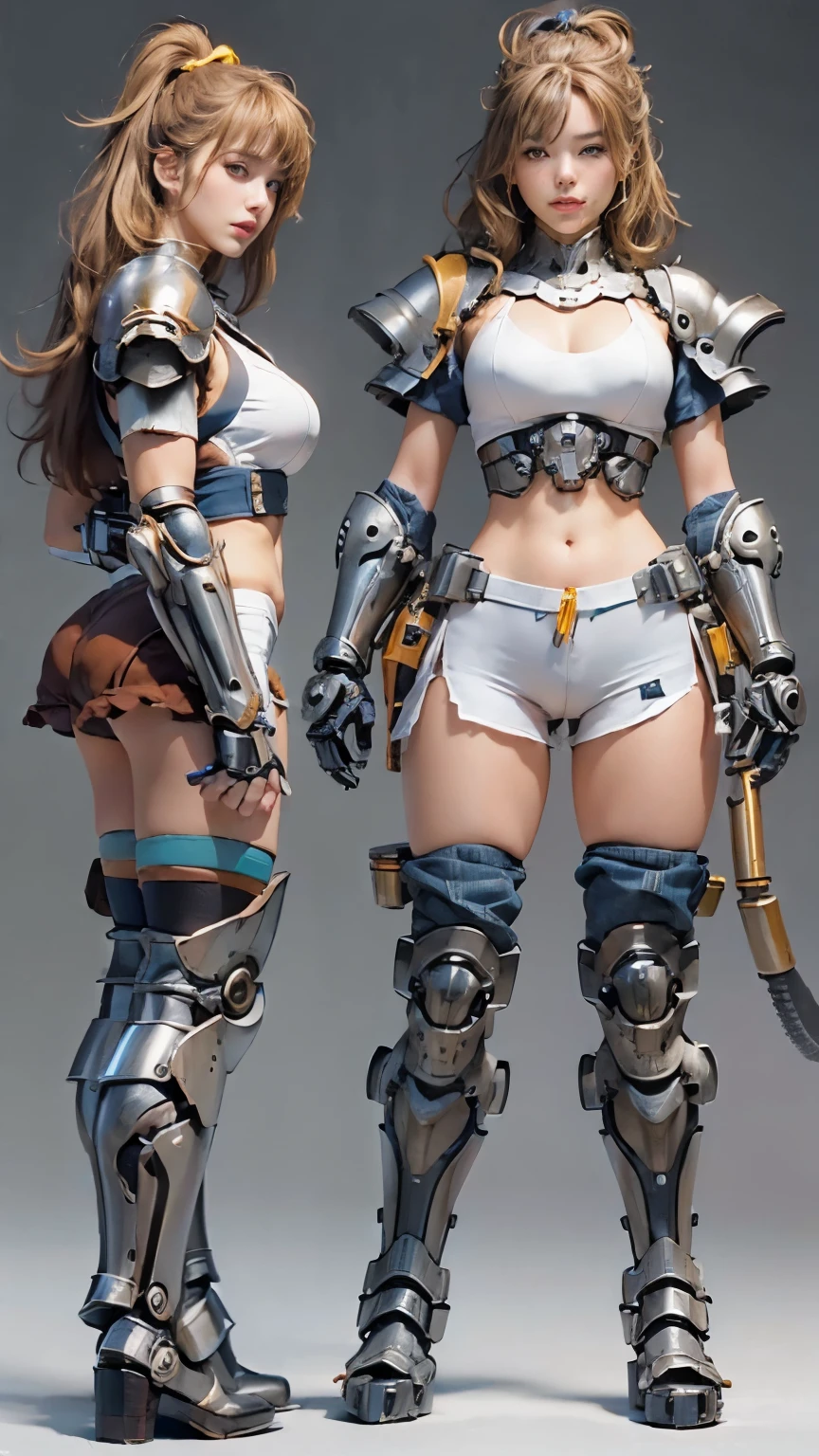 (masterpiece, best quality:1.2), (8k uhd, 16k, 32k, ultra high res), (photorealistic:1.37), (RAW photo), ultimate-realistic, ultimate-realistic details, ultimate-realistic texture, ultimate-intricate details, ultimate-realistic lighting, ultimate-realistic shadow, japanese girl, ultimate-cute face, ultimate-RAW skin, ultimate-realistic eyes, (mechanical:1.4), (armor), full body, wide shot, fighting pose