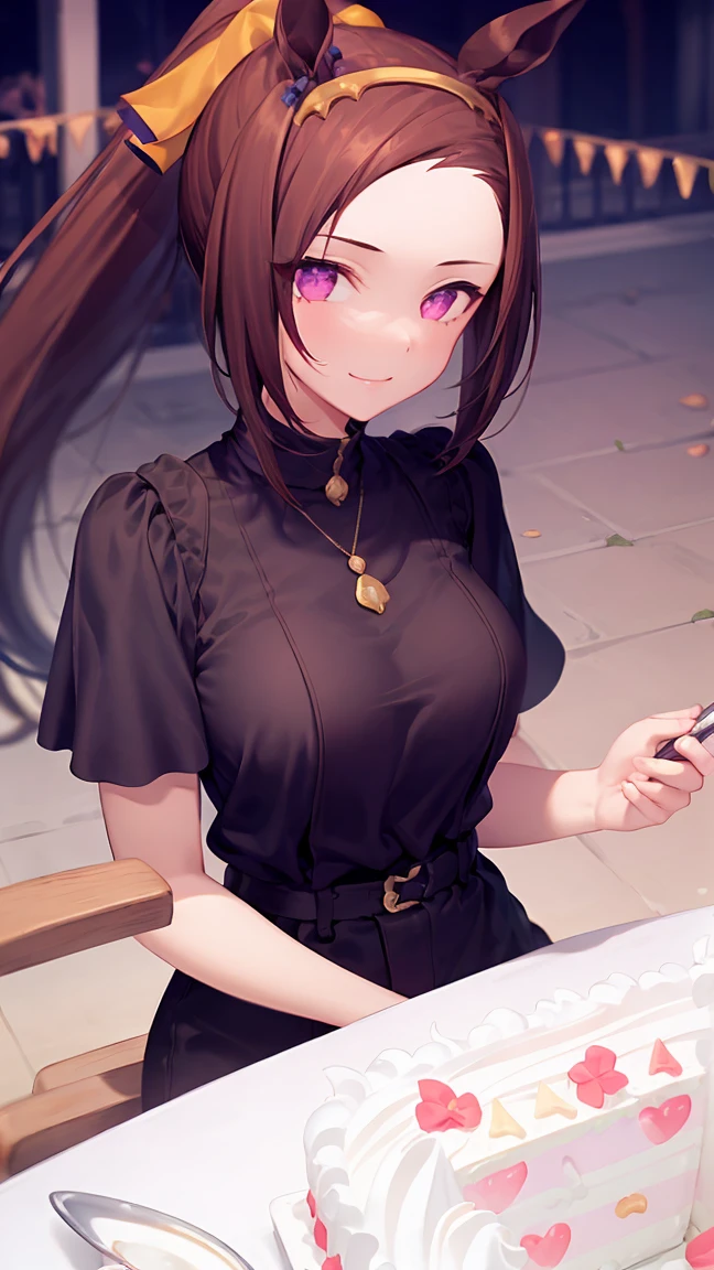 highest quality,masterpiece,High resolution,CG 8k ,super detailed images,pretty girl,one person,Sakura Bakushin O,ponytail,horse ears,horse tail,birthday cake,smile,
