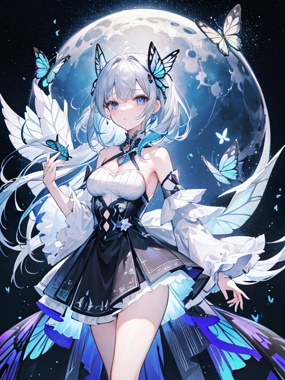 (((Silver with blue hair)))(((medium hair))),Upper body,Black shoulder-baring dress,The skirt has a butterfly and moon pattern.,The hair ornament is a moon hair ornament.,Black pumps with butterflies,Butterflies are flying around