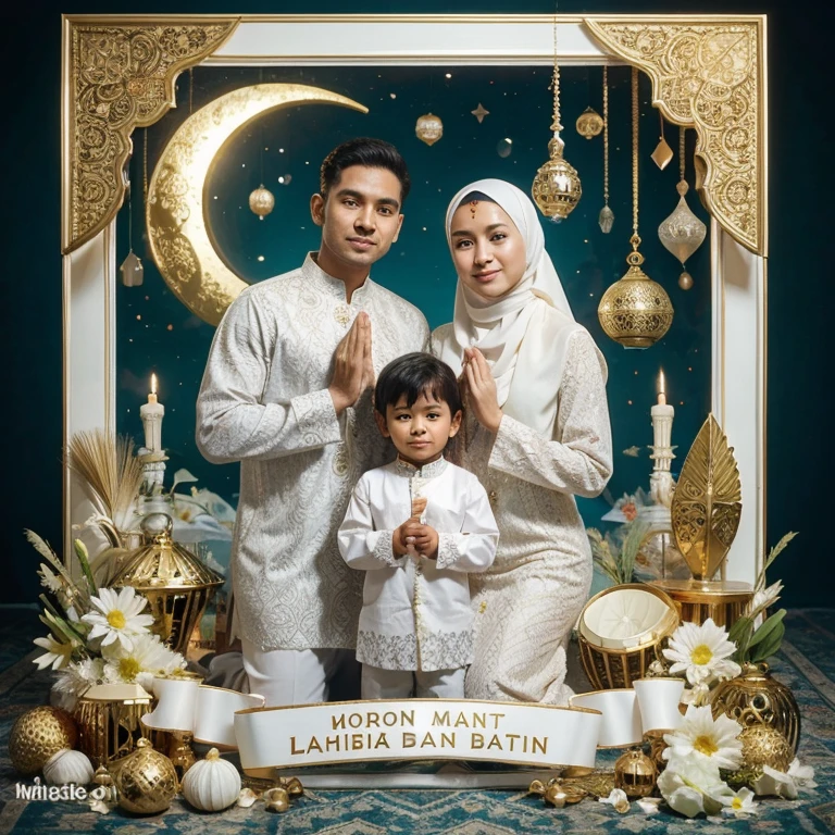 Foto realistis, indonesia family foto, father aged 30 years dan mother aged 30 years in hijab, boy aged 4 , wearing muslim clothing, posing in namaste, is in a frame in the shape of a mosque in eid ornaments (moon , ketupat, drum, lathern, waterfall), the ornament is elegan in beautifull. At the buttom a big white ribbon there is writing "Mohon Maaf Lahir dan Batin" the writing must be correct. Photography, uhd