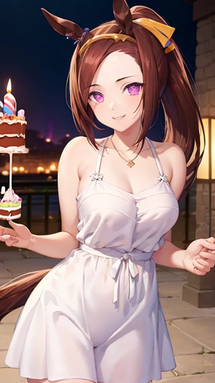 highest quality,masterpiece,High resolution,CG 8k ,super detailed images,pretty girl,one person,Sakura Bakushin O,ponytail,horse ears,horse tail,cowboy shot,birthday cake,smile,Overjoyed,